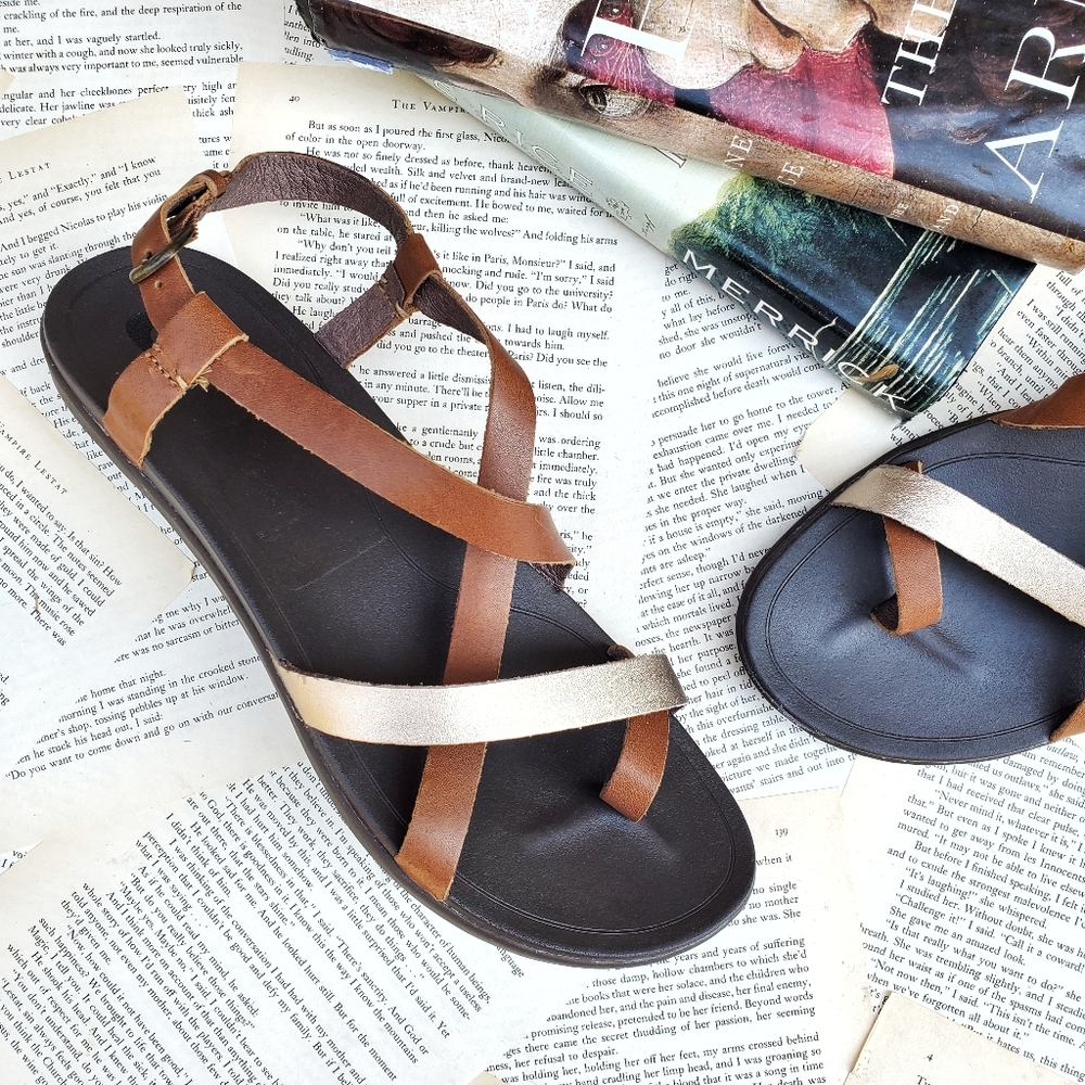 OluKai Women's Two-Tone Brown and Gold Strappy Sandals